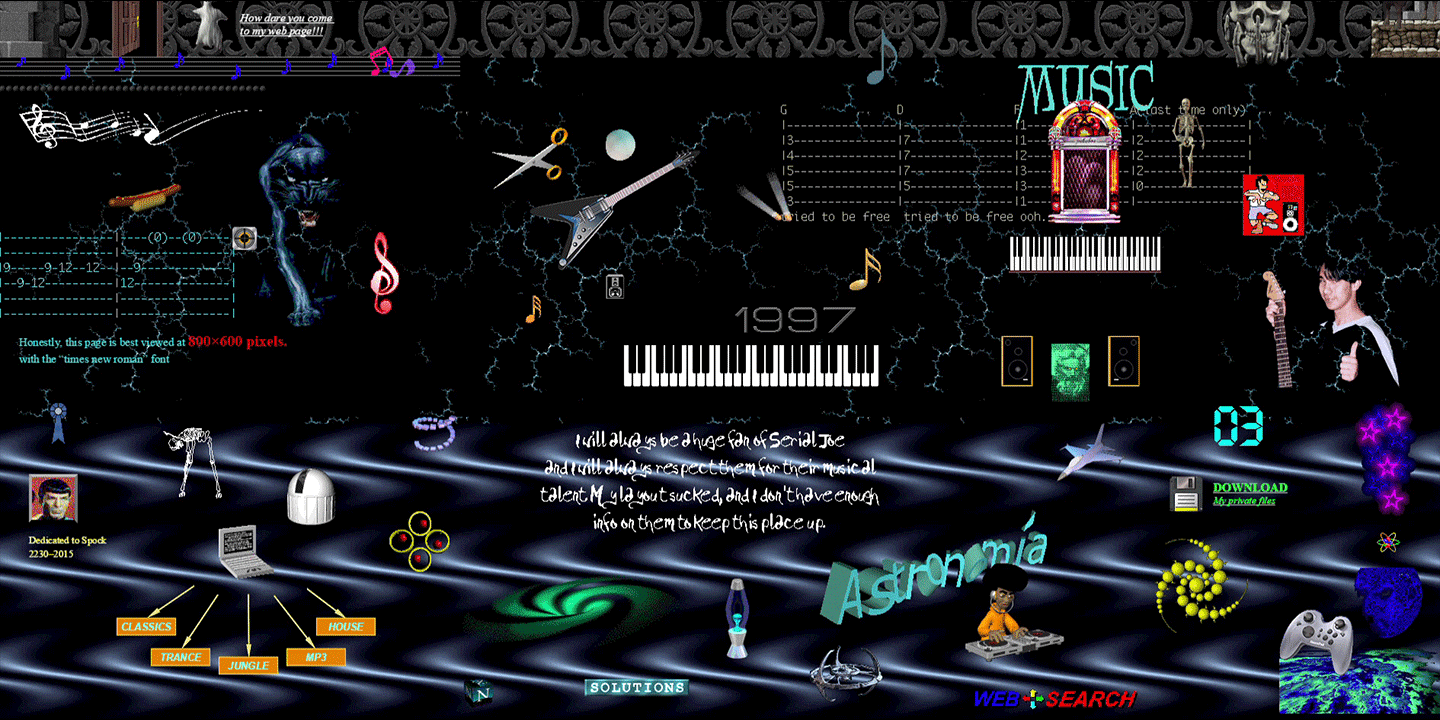 An old school geocities website with space backgrounds and animated gifs